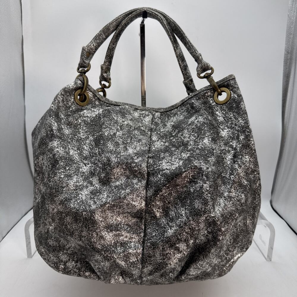 Cara NY New York Y2K Silver/Black Metallic Fabric Canvas Material Bucket Bag